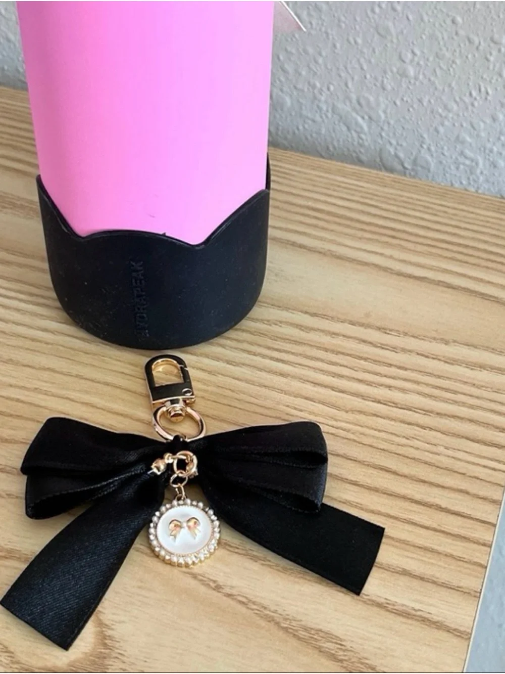 Black Satin Bow Charm Keychain with Gold Accent & cup boot
